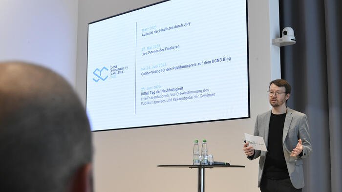 Übersichtsfolie zu den Finalisten-Pitches der DGNB Sustainability Challenge 2025